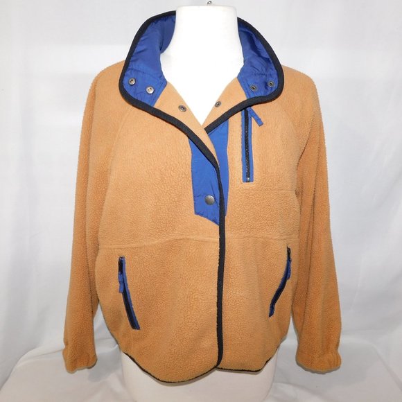 American Eagle Snap Front Sherpa Fleece Jacket Blue Tan Brown Womens XS - Picture 4 of 11